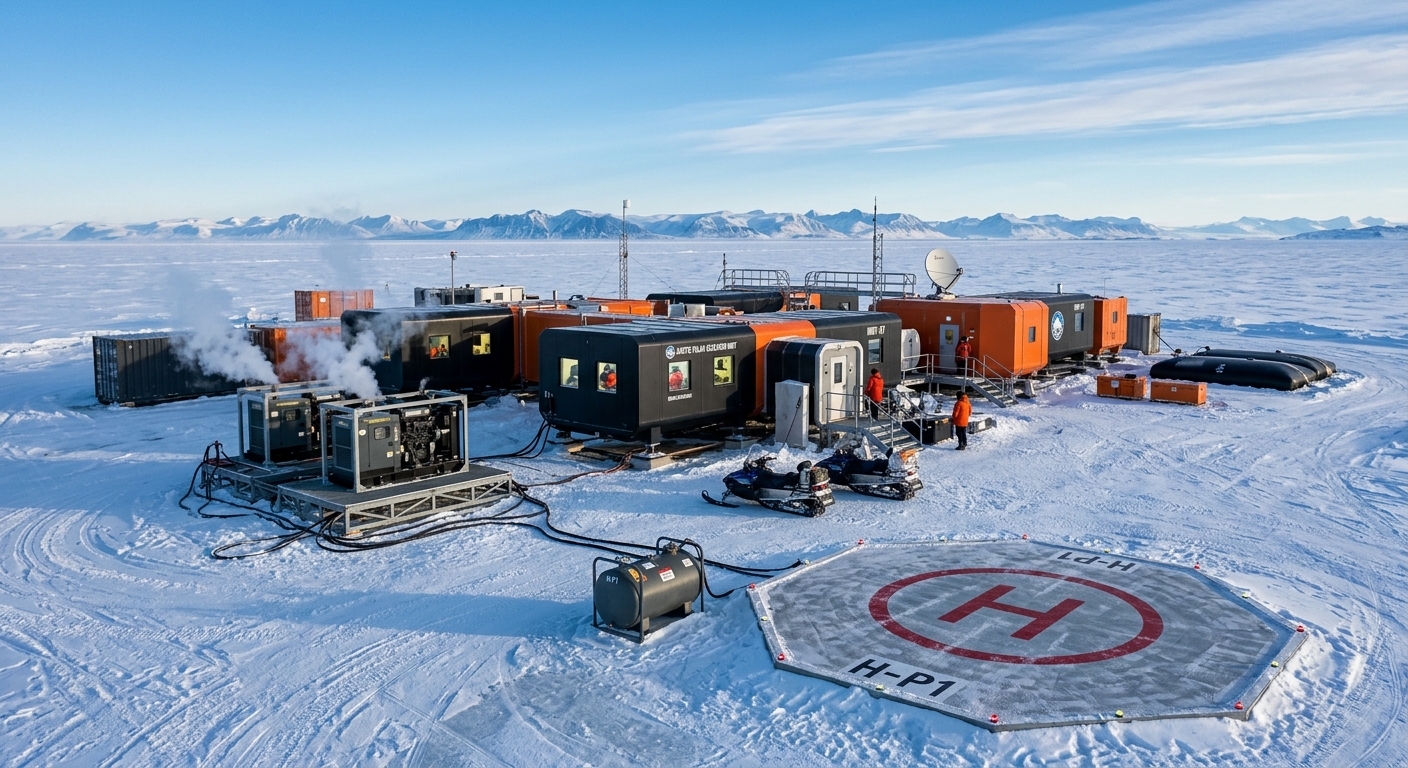 Arctic modular research station with helipad and generator systems