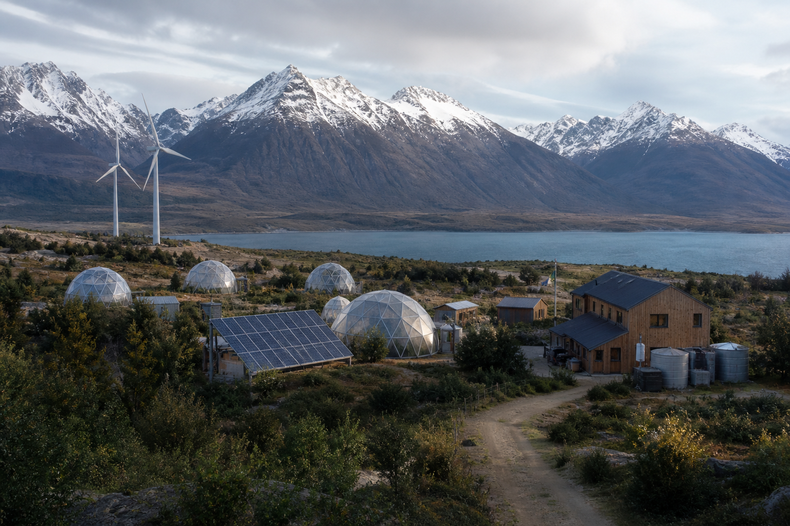 Off-grid community with geodesic domes, solar panels, and wind turbines in Patagonia
